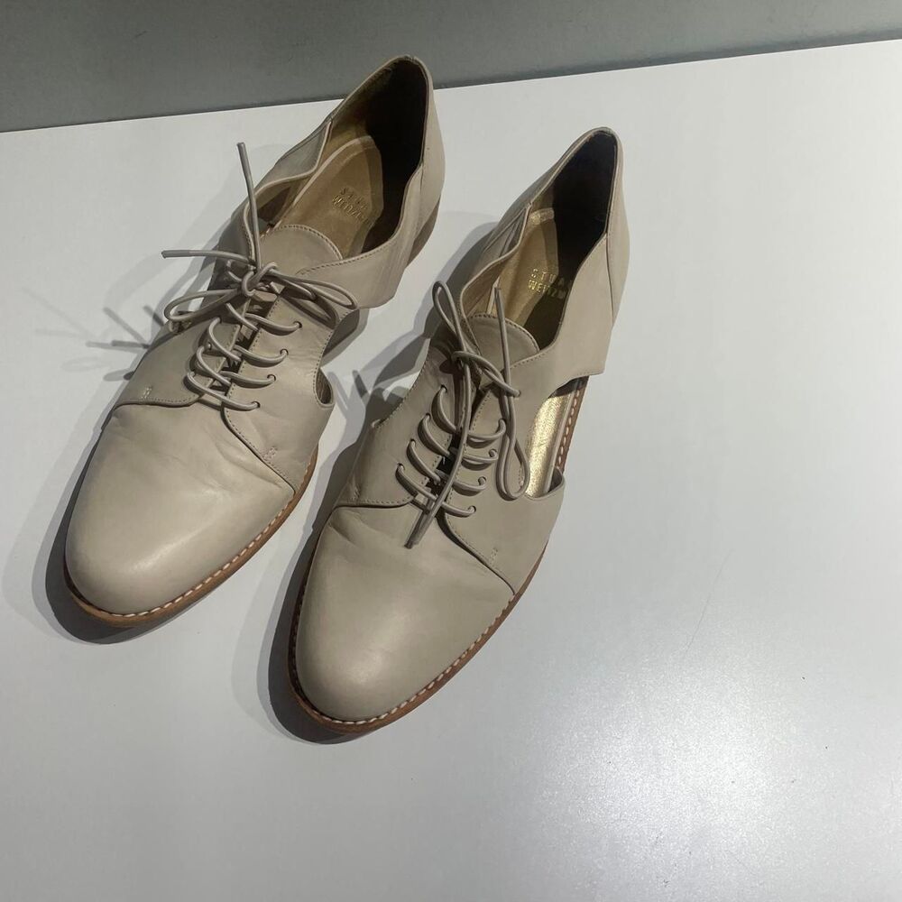 Stuart Weitzman Ivory Leather Manoman Oxford. lace Up Heeled Shoes Loafers